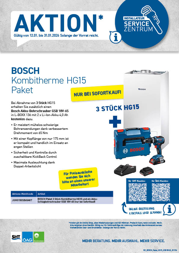 Aktion BOSCH Paket 3 Stück Kombitherme HG15 und ein Akku-Schlagbohrschrauber GSB 18V-65